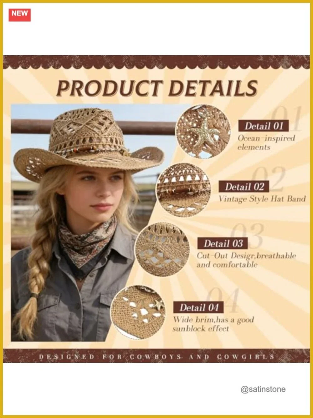 Straw Cowboy Hat Woven Cowgirl Western Sun Hat